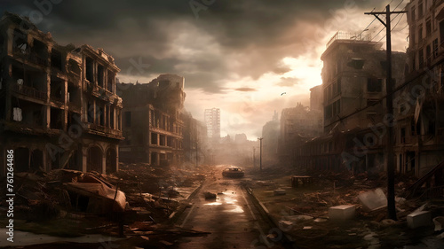 Post apocalyptic war background of desert city wasteland with destroyed buildings  generated AI