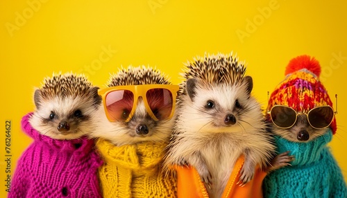 Cute Hedgehogs in Knitted Sweaters on Yellow © kilimanjaro 