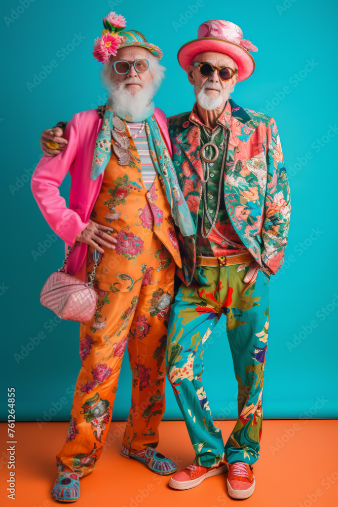Senior male duo steals the show with their extravagant floral ensembles and fashionable accessories