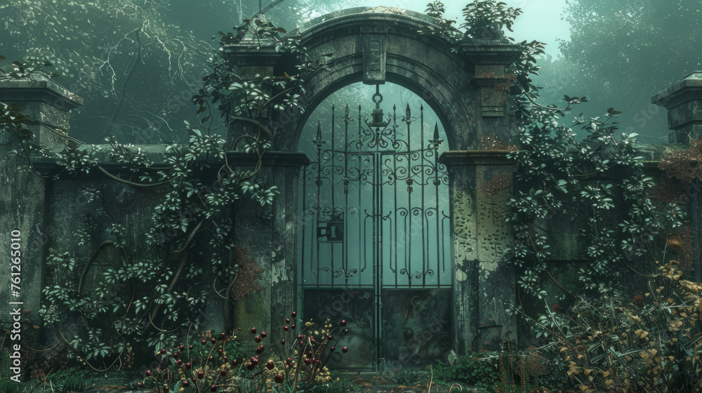 An overgrown gate entrance with intricate ironwork, surrounded by lush vegetation and creeping vines, set against a foggy, mysterious backdrop.