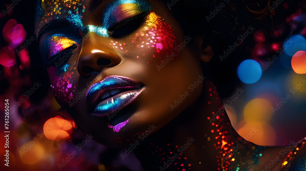 A beautiful African American woman with colorful glowing glitter on her face, with blurred lights in the background