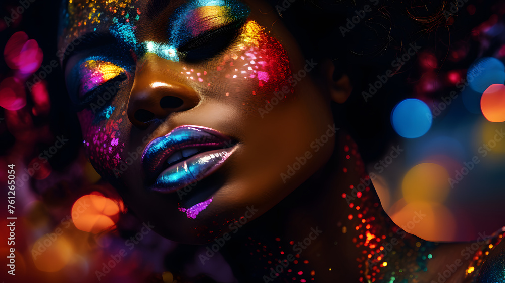A beautiful African American woman with colorful glowing glitter on her face, with blurred lights in the background A beautiful African American woman with colorful glowing glitter on her face, with blurred lights in the background