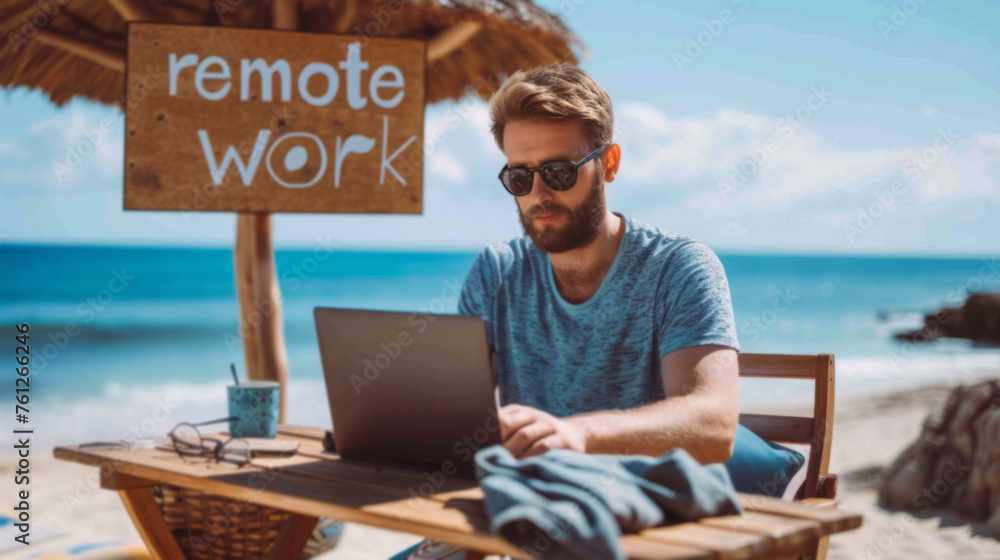 Man Working Remotely on a Beach with Remote Work Sign