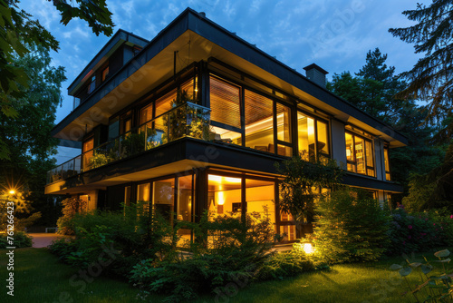 Modern house exterior at night, illuminated lights and green lawn modern architecture style. Minimalist black building with glass windows, steel structure, garden and trees © Kien