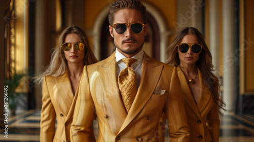 Confident Businessman in Mustard Suit with Female Associates at Opulent Corridor