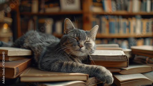 A serene cat lounges on top of an assortment of open books in a library setting, surrounded by shelves filled with volumes of literature, embodying a calm and scholarly atmosphere.