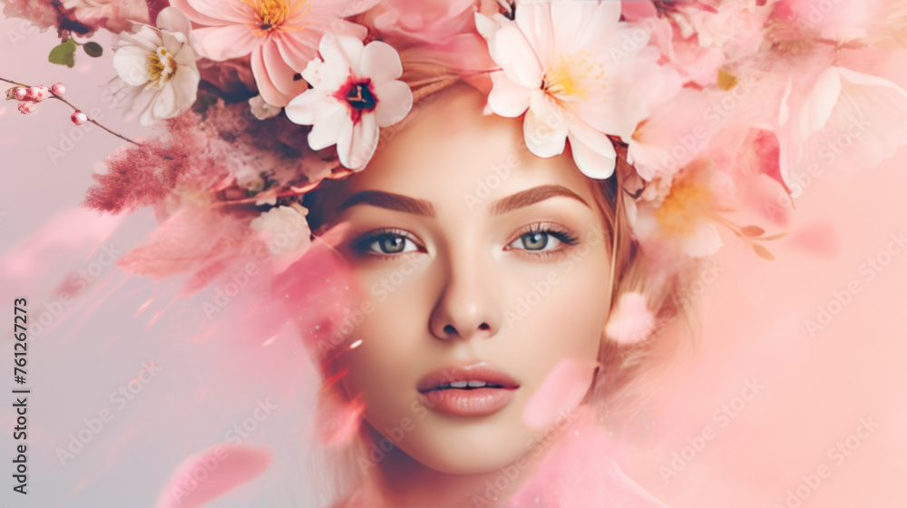 Portrait of a Woman with Pink Floral Headpiece, Evoking Romance and Softness Portrait of a Woman with Pink Floral Headpiece, Evoking Romance and Softness