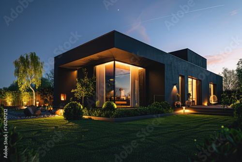 Modern house exterior at night, illuminated lights and green lawn modern architecture style. Minimalist black building with glass windows, steel structure, garden and trees