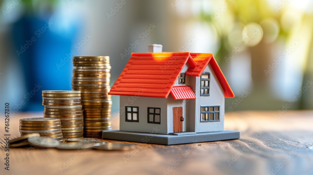 Miniature model home amidst stacked coins, symbolizing investment, savings, and the real estate market, AI Generative. Miniature model home amidst stacked coins, symbolizing investment, savings, and the real estate market, AI Generative.