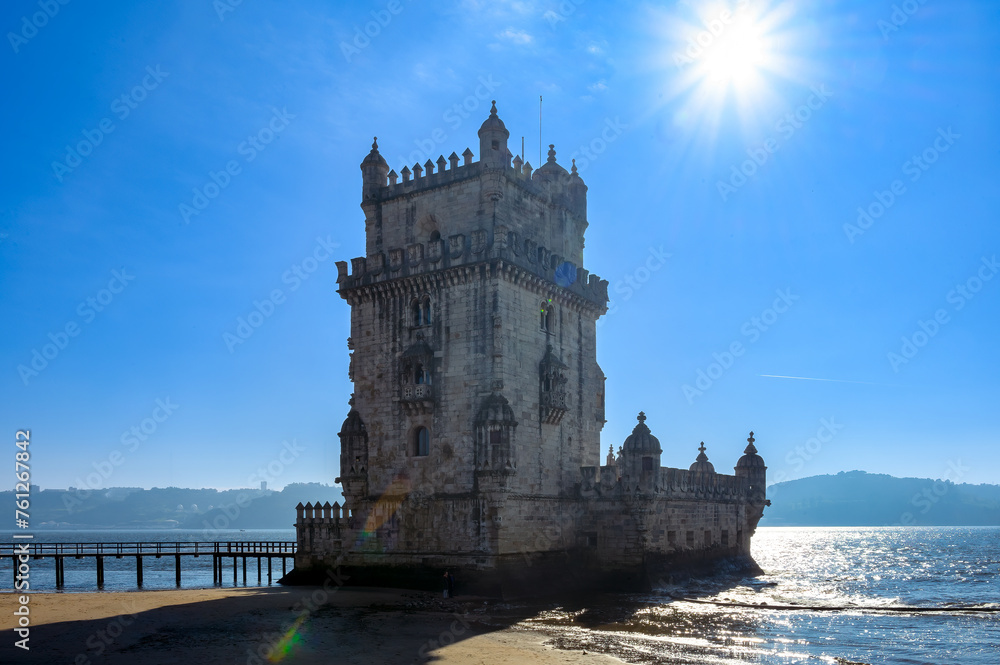 Belem Tower, a medieval fort on riverbank of the Tagus River, Lisbon, Portugal