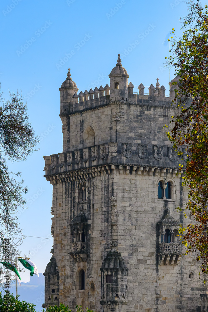 Belem Tower, a medieval fort on the riverbank of the Tagus River, Lisbon, Portugal