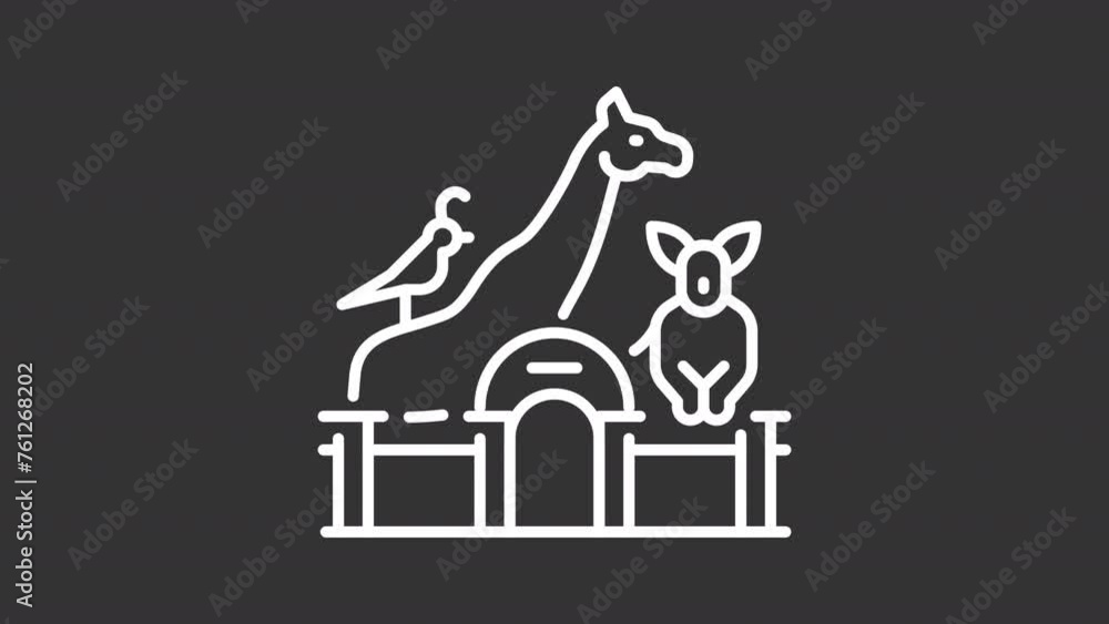Animated zoolife white icon. Wild living animal attraction line animation. Outdoor adventure. Exotic entertainment. Isolated illustration on dark background. Transition alpha video. Motion graphic Animated zoolife white icon. Wild living animal attraction line animation. Outdoor adventure. Exotic entertainment. Isolated illustration on dark background. Transition alpha video. Motion graphic