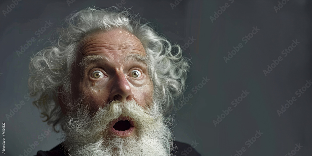 A man with a beard and white hair is looking at the camera with his mouth wide open. He is surprised or shocked A man with a beard and white hair is looking at the camera with his mouth wide open. He is surprised or shocked