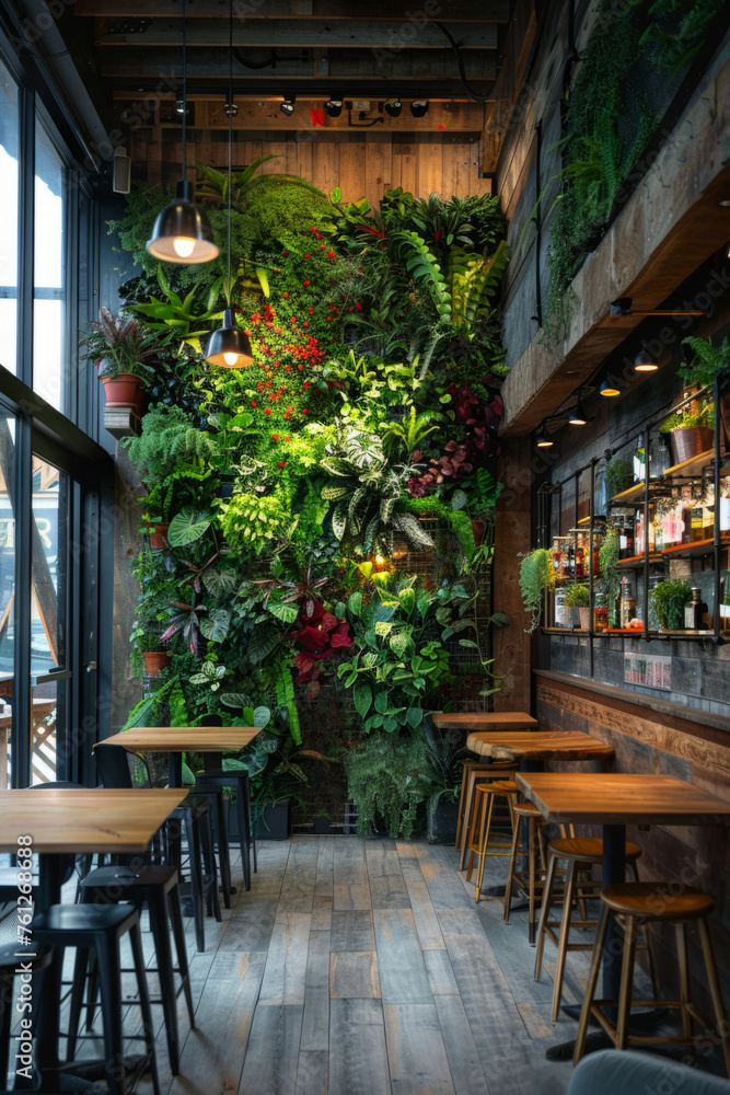 A cozy, rustic cafe interior featuring an expansive green living wall with a variety of plants and embedded lighting. Wooden tables and stools provide seating for patrons.