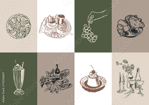 Minimalist hand drawn food and drink vector illustration collection. Matisse style art. Art for print poster, postcards, branding, logo design, background. 