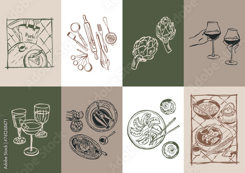 Minimalist hand drawn food and drink vector illustration collection. Art for print poster, postcards, branding, logo design, background. 