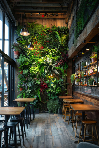 A cozy  rustic cafe interior featuring an expansive green living wall with a variety of plants and embedded lighting. Wooden tables and stools provide seating for patrons.