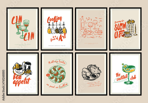 Minimalist hand drawn food and drink vector illustration collection. Matisse style art. Art for print poster, postcards, branding, logo design, background. 
