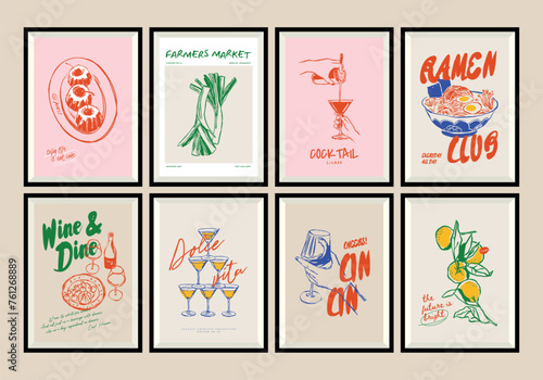Minimalist hand drawn food and drink vector illustration collection. Matisse style art. Art for print poster, postcards, branding, logo design, background. 