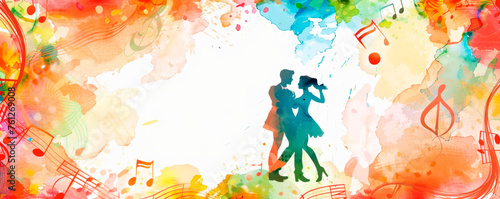 A vibrant painting capturing couple gracefully dancing amidst flurry of colorful musical notes. Figures are elegantly intertwined, moving in sync rhythmic melody surrounding them. Banner. Copy space.