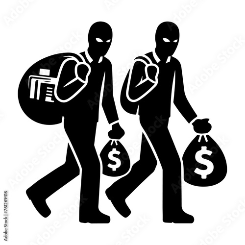 Masked robber carrying bag of stolen items simple black vector silhouette icon, flat style icon, symbol white background