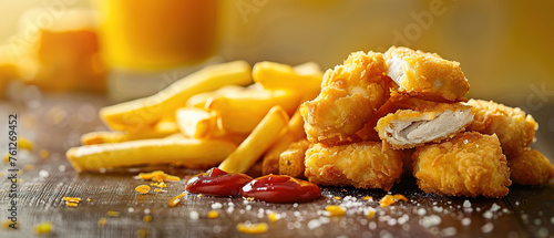 professional food photography: chicken nuggets with fries, soft pastel, lots of copy space photo