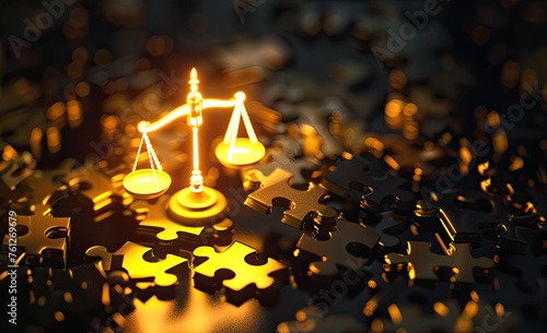 A glowing yellow icon of the scales of justice floating above an array of black puzzle pieces, symbolizing justice amidst complexity in court with a bokeh effect, 3D rendering at high resolution again