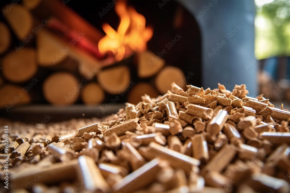 Biomass Wood Pellets with Fire Stove Background