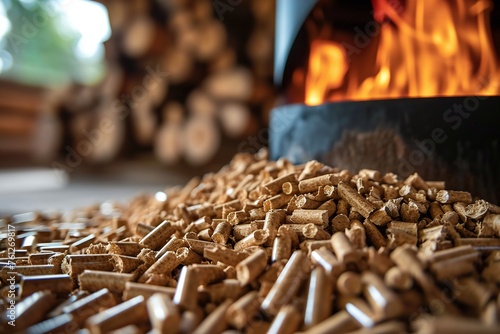 Biomass Wood Pellets with Fire Stove Background