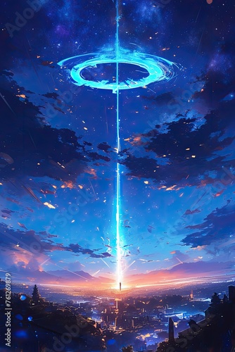 A huge luminous beam of light shines down from the sky, forming an electric blue ring around it in the style of anime. The background is dark with distant mountains and city lights under a night starr