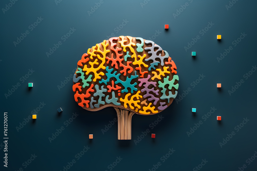 Colorful wooden puzzle of the human brain isolated on  blue background - obrazy, fototapety, plakaty 