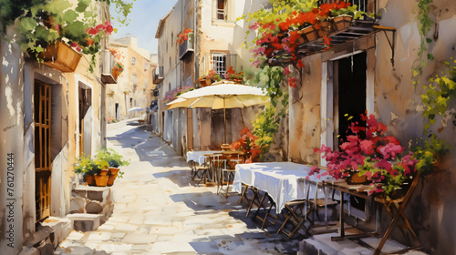 In this watercolor illustration, a narrow street in an ancient, picturesque Mediterranean town impresses with potted flowers, flowering bushes and lanterns that add warmth and coziness to the atmosphe photo