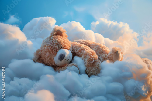 Teddy bear sleeping on white fluffy clouds in blue sky, with space for text or inscriptions
