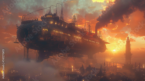A large, futuristic airship floats above an industrial cityscape as the sun sets, casting a warm glow over the clouds and intricate structures with towers and antennas reaching towards the sky.