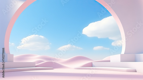 3d Render, Abstract Surreal pastel landscape background with arches and podium for showing product, panoramic view, Colorful dune scene with copy space, blue sky and cloudy, Minimalist decor design