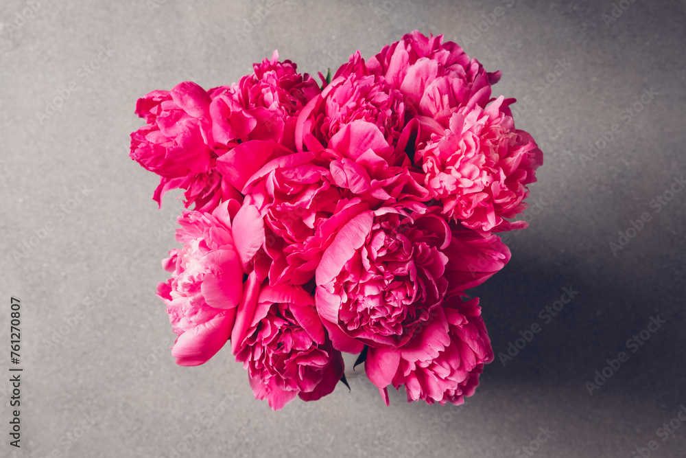 Beautiful bouquet of fresh fluffy peony flowers in full bloom, top view. Beautiful bouquet of fresh fluffy peony flowers in full bloom, top view.