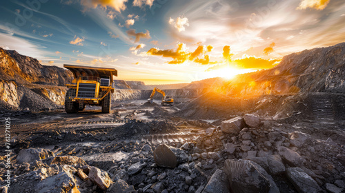 Mining Site with Heavy Machinery at Sunset, Excavator and Dump Truck in Operation photo