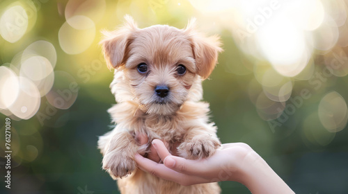Young puppy with expressive eyes held in hands against a soft bokeh light background