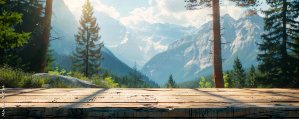 Empty Wooden Table with Majestic Mountain Range and Autumn Trees in Soft Focus Background - obrazy, fototapety, plakaty 