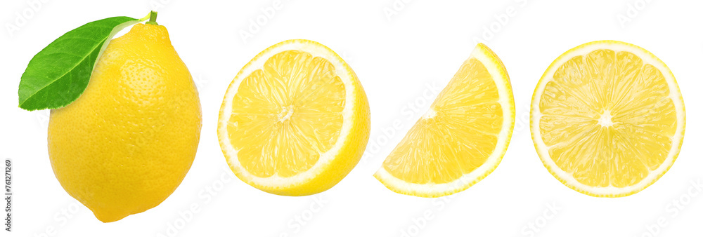 lemon fruit with leaves, slice and half isolated, Fresh and Juicy Lemon, transparent png, PNG format, cut out