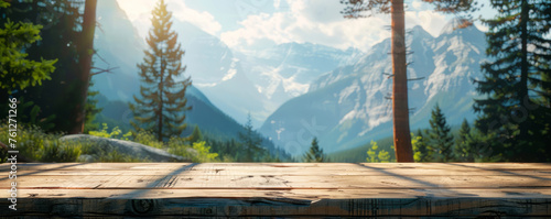 Empty Wooden Table with Majestic Mountain Range and Autumn Trees in Soft Focus Background