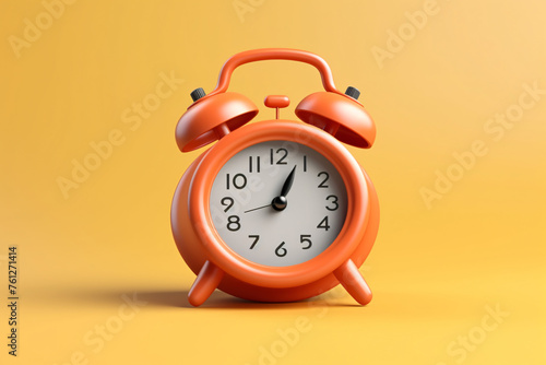 A analog alarm clock with a black bell sits on solid background