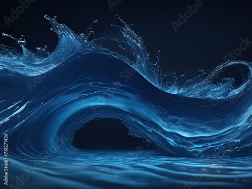 3D render of an abstract, flowing, blue, curved water wave moving on a dark background