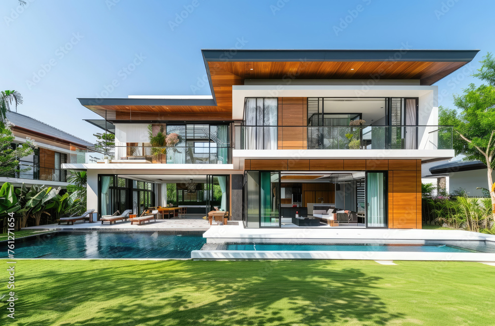 Modern tropical villa with pool and garden, panoramic view of the front yard, interior design of a modern living room in white color, bright lighting, blue sky