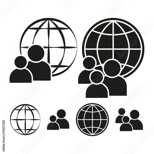 Global community icons set. Diverse people and world symbols. International collaboration concept. Vector illustration. EPS 10.