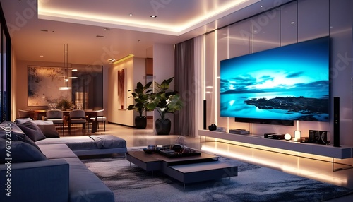 Modern Living Room with Large TV and Ocean View © kilimanjaro 