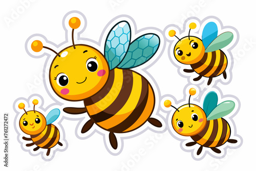 Bees stickers for kids on white background, vector art illustration