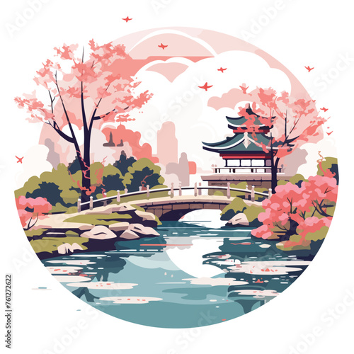 A serene Japanese garden with cherry blossom trees