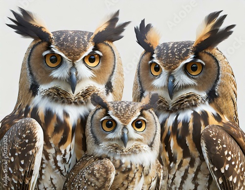 Family of owl on isolated on black background.