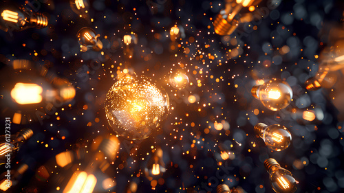 Incandescent Light Bulbs Glowing with Sparks
. Multiple incandescent light bulbs hanging with glowing filaments and flying sparks, create a warm and dynamic atmosphere.
